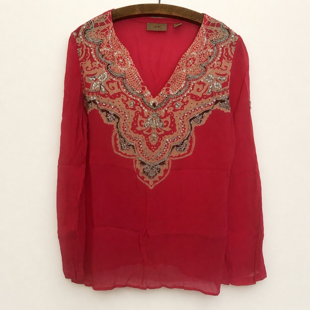 Silk Blouse Size Medium Vneck READ Sequins Sheer Fairy Boho Festival